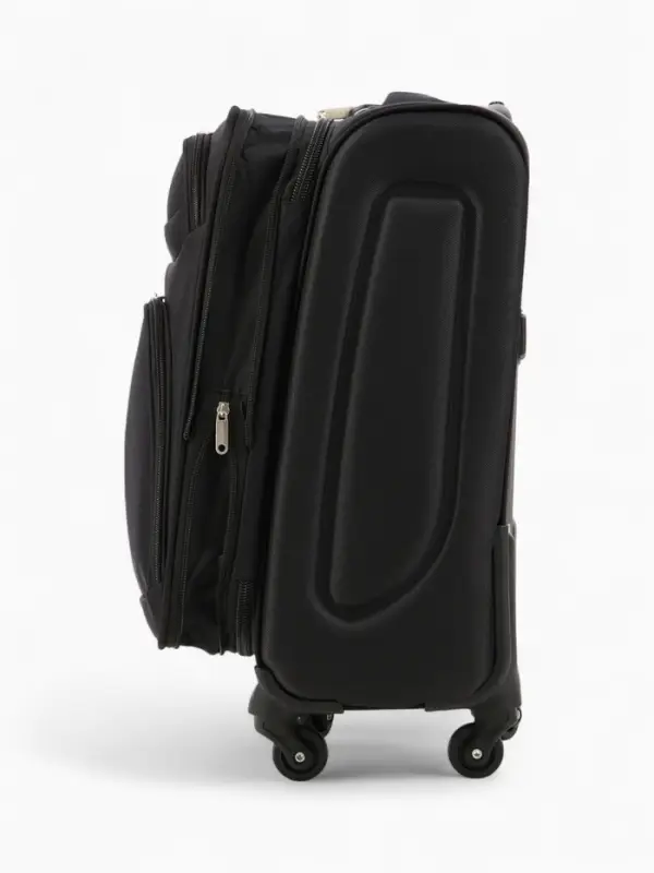 Чемодан 20", Текст, 37*23*55, отд на молнии, 2 нар/карм, увелич, код замок, 4 колеса, черный   10872