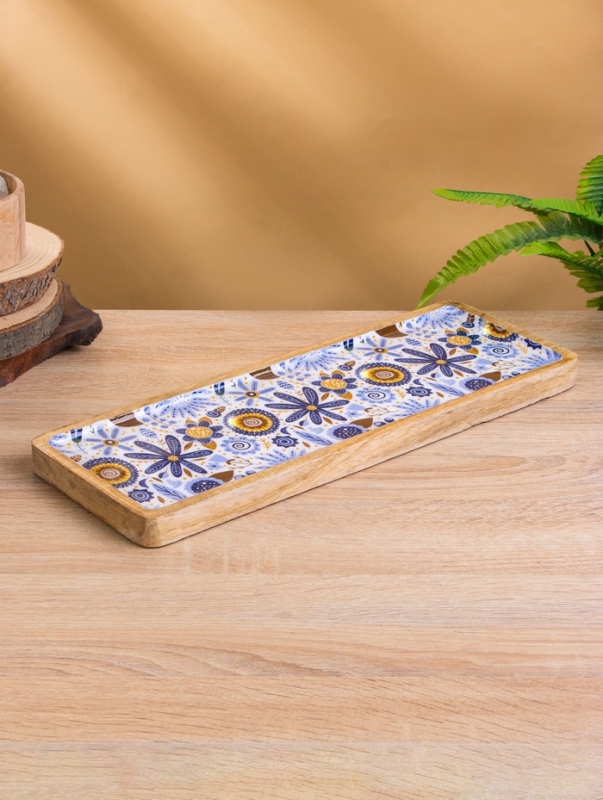 Блюдо прямоугольное "Васильки" дерево манго 41х15 см