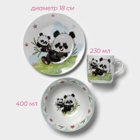 Набор детской посуды из керамики Доляна &laquo;Семья пандочек&raquo;, 3 предмета: кружка 230 мл, миска 400 мл, тарелка d=18 см