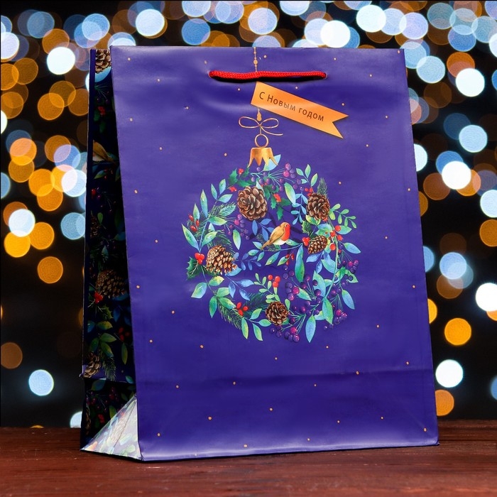 Новый год. Пакет подарочный "Новогодний венок", 26 х 32 х 12 см.
