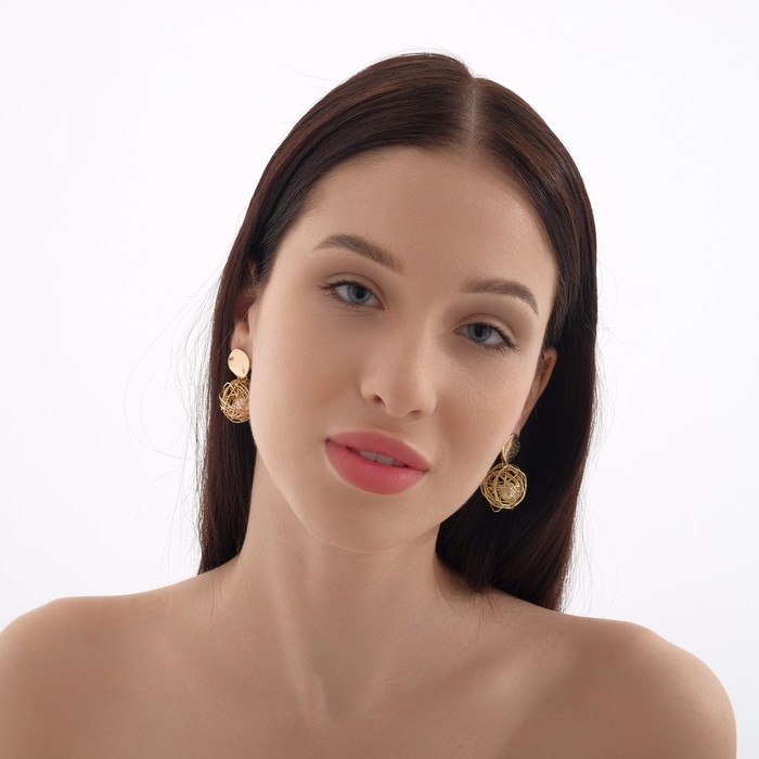 Серьги с жемчугом &laquo;Шар плетёный&raquo; гнездо, цвет белый в золоте