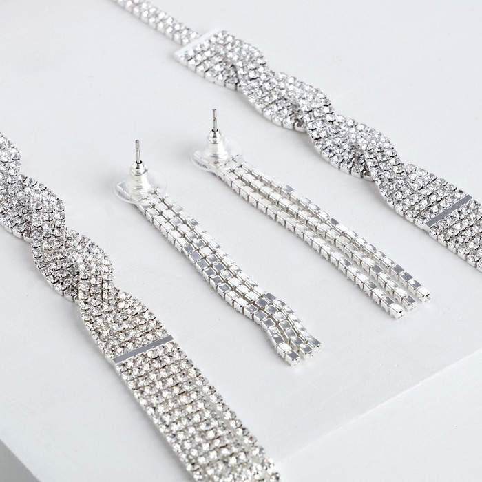 Набор 2 предмета: серьги, колье &laquo;Лёд&raquo; косичка, 80см, цвет белый в серебре, 80см