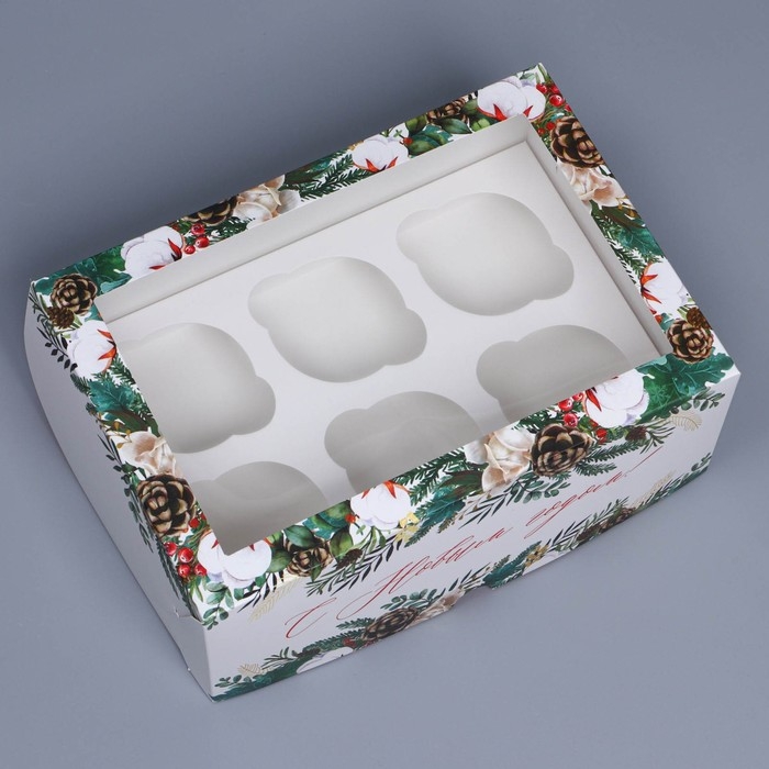 Коробка складная на 6 капкейков с окном &laquo;Веточки&raquo;, 25 х 17 х 10 см, Новый год
