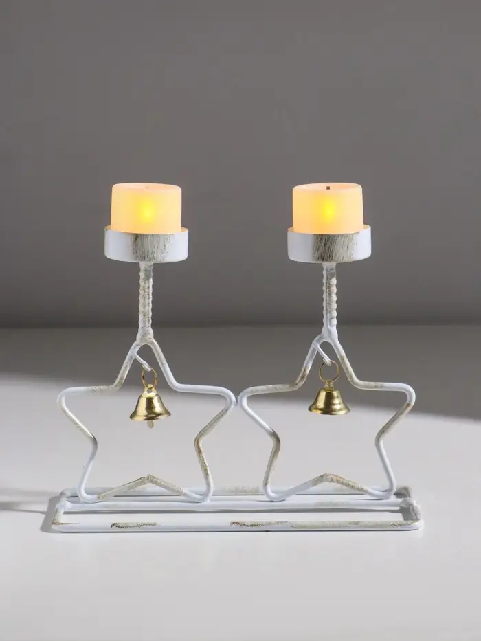 Подсвечник металл на 2 свечи "Две звезды" белый с патиной d=5 см 18,5х7,3х14,8 см