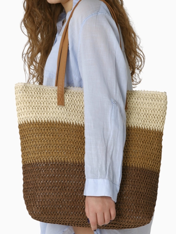 Сумка пляжная Полосы, 47*12*35, отд на молнии, подкладка, беж/коричневый Сумка пляжная Полосы, 47*12*35, отд на молнии, подкладка, беж/коричневый