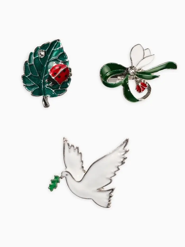 Броши "Голубь, листик, подснежник" (набор 3шт), цветной в серебре
