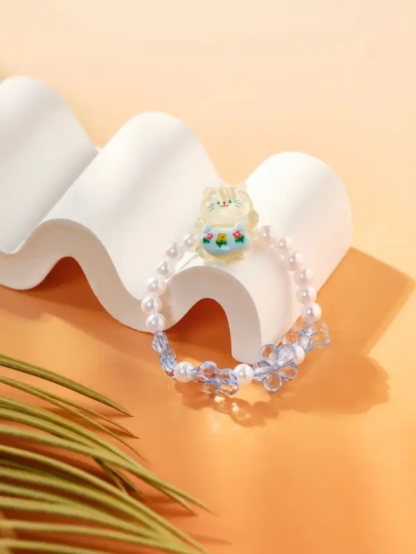Браслет детский &laquo;Выбражулька&raquo; котик, d=6 см. цветы, жемчуг, бело-голубой