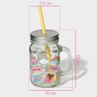 Кружка стеклянная с крышкой и трубочкой Доляна «Единорог», 450 мл, 10×7,5×13 см, Кружка стеклянная с крышкой и трубочкой Доляна «Единорог», 450 мл, 10×7,5×13 см,