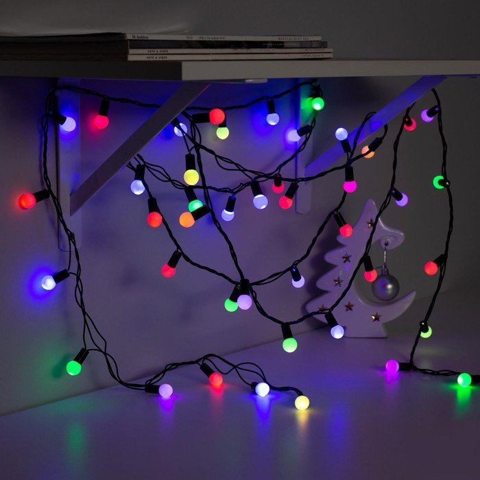 Гирлянда &laquo;Нить&raquo; 10 м с насадками &laquo;Шарики 1.5 см&raquo;, IP44, тёмная нить, 100 LED, свечение мульти (RG/RB), мигание, 220 В