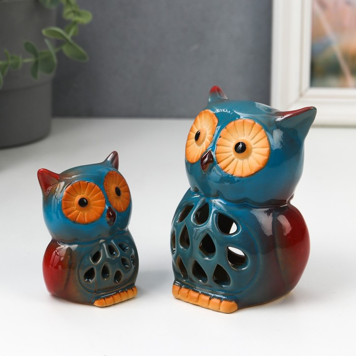 Подсвечник керамика "Два синих филина" набор 2 шт 7х5х5 10,5х7х8 см