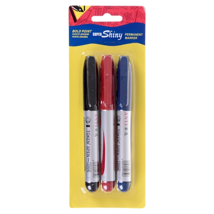 Набор перманентных маркеров, 3 цвета: синий, красный, чёрный, наконечник круглый 4 мм, блистер Набор перманентных маркеров, 3 цвета: синий, красный, чёрный, наконечник круглый 4 мм, блистер