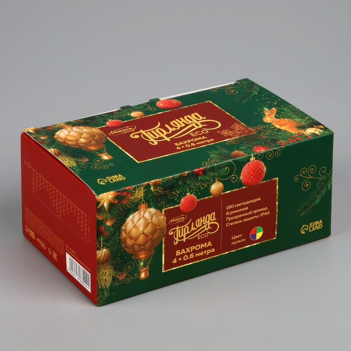 Гирлянда &laquo;Бахрома&raquo; 4 &times; 0.6 м, IP44, прозрачная нить, 180 LED, свечение мульти, 8 режимов, 220 В