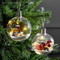 Набор ёлочных шаров &laquo;Ветка ели и ягоды&raquo; 2 шт., батарейки, 5 LED, свечение тёплое белое