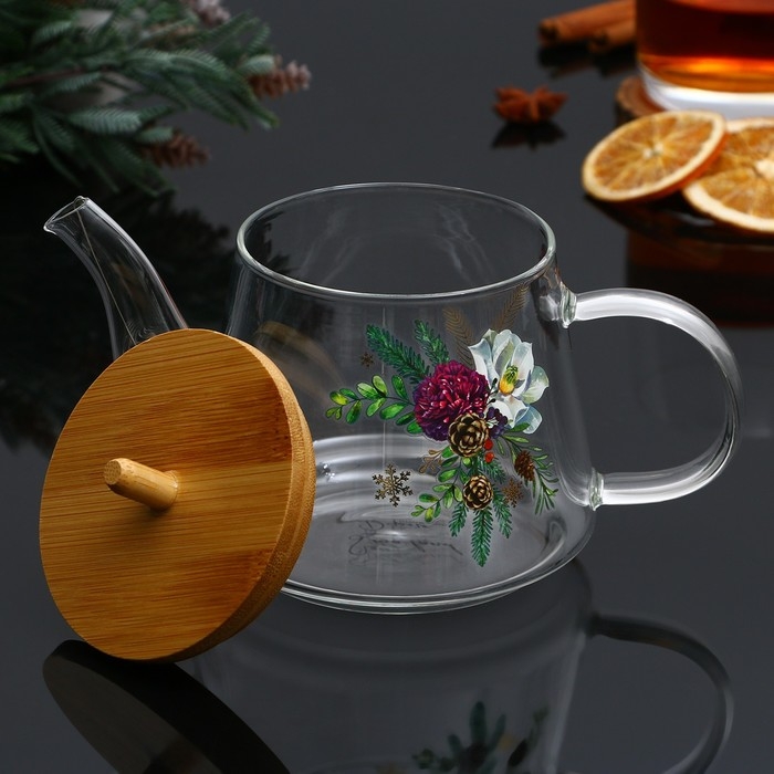Новый год. Чайник заварочный стеклянный с бамбуковой крышкой &laquo;Зимние истории&raquo;, 600 мл
