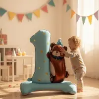 Воздушный шар фольгированный 32" "Цифра 1 с мишкой"  цвет голубой, под воздух