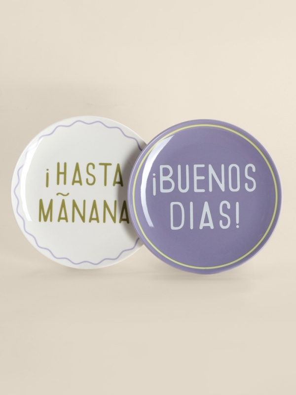 Тарелки SL Home &laquo;Уроки испанского: &iexcl;Hasta ma&ntilde;ana - Buenos dias&raquo;, d=22 см, набор 2 шт., фарфор, белые, фиолетовые