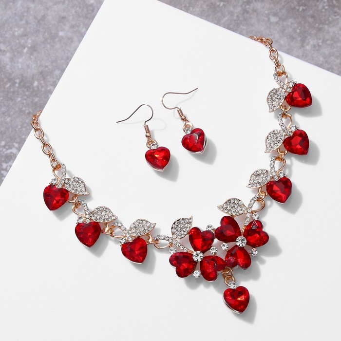 Набор 2 предмета: серьги, колье &laquo;Вернисаж&raquo; сердце и цветы, цвет красно-белый в золоте, 42см