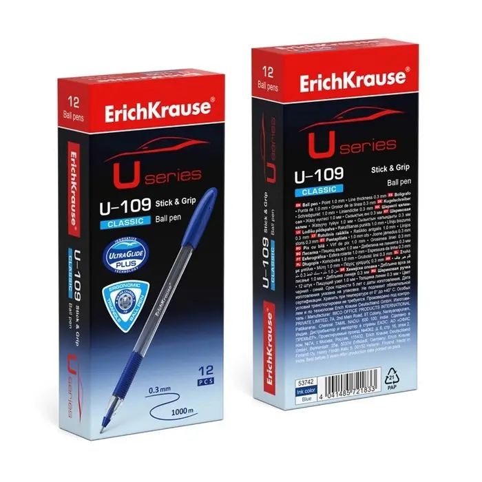 Ручка шариковая ErichKrause U-109 Classic Stick&Grip, узел 1.0 мм, чернила синие, резиновый держатель, длина линии письма 1000 метров