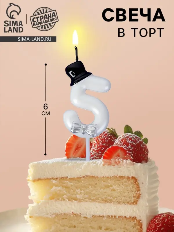 Свеча для торта &laquo;Джентельмен&raquo;, цифра 5, белая