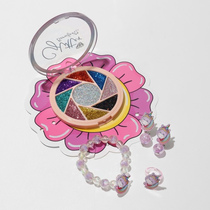 Набор детский 4 предмета: клипсы, кольцо, браслет, глиттер &laquo;Единорожек&raquo;, цветной