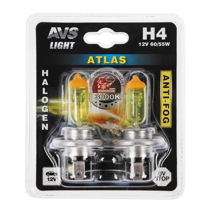 Галогенная лампа AVS ATLAS ANTI-FOG, желтый, H4, 12 В, 60/55 Вт, набор 2 шт Галогенная лампа AVS ATLAS ANTI-FOG, желтый, H4, 12 В, 60/55 Вт, набор 2 шт