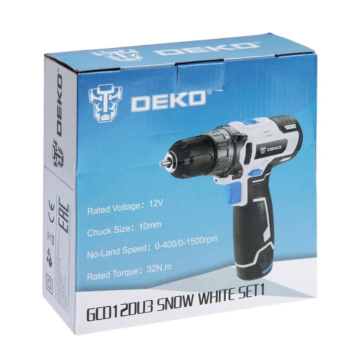 Дрель-шуруповерт DEKO GCD12DU3 SNOW WHITE SET1, 12 В, Li-Ion, 32 Нм, 1.5 Ач, 400/1500 об/мин