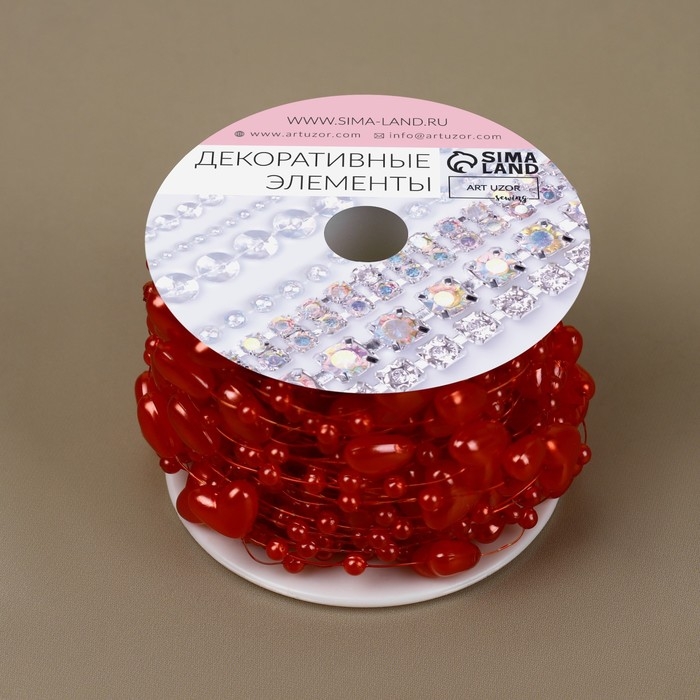 Бусы на леске, &laquo;Сердца&raquo;, 3/9 мм, 9 &plusmn; 0,5 м, цвет красный