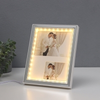 Фоторамка пластик на 2 фото 6х8,5 и 9х13 см "Яркие моменты" свет от USB, серебро 18х2х23 см   107050