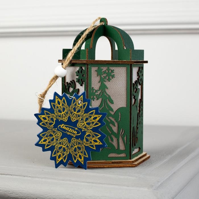 Ёлочная игрушка «Зелёный фонарь с оленем», от батареек, свечение тёплое белое Ёлочная игрушка «Зелёный фонарь с оленем», от батареек, свечение тёплое белое