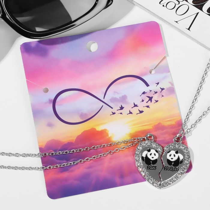 Кулоны &laquo;Неразлучники&raquo; сердечко с пандами, цвет чёрно-белый в серебре, 45 см