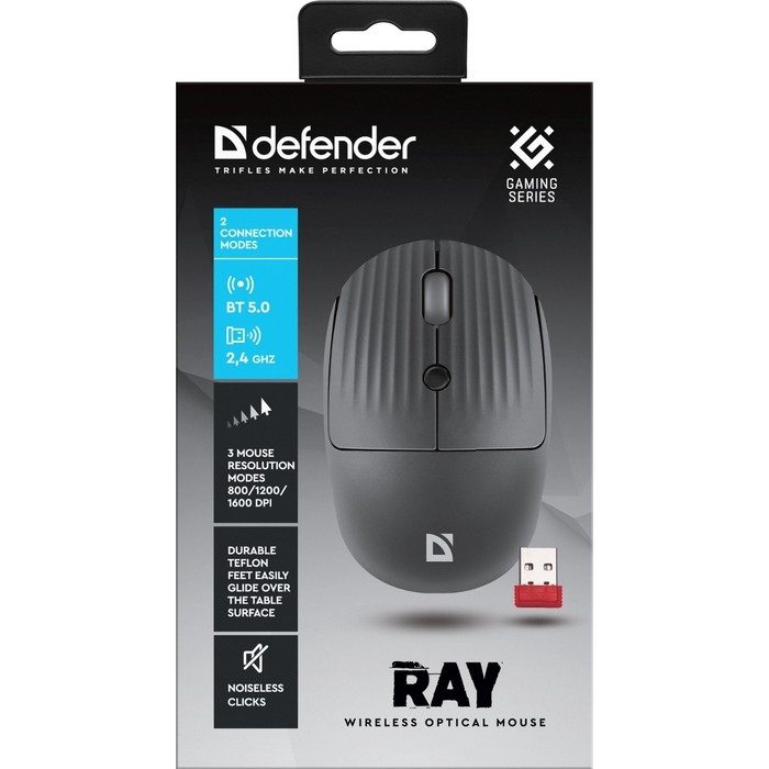 Мышь Defender Ray MM-032, беспроводная, оптическая, 1600 dpi, 1xAA (не в компл), чёрная
