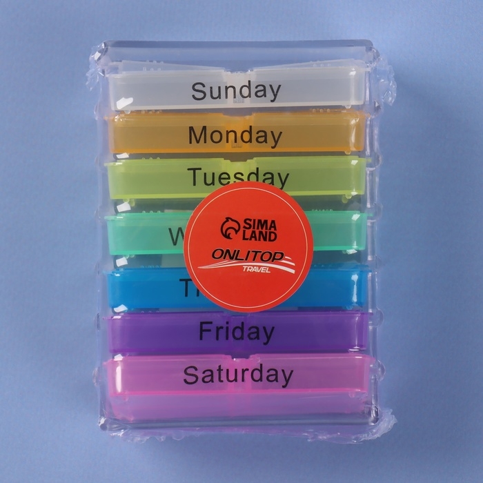 Таблетница-органайзер &laquo;Неделька&raquo;, английские буквы, утро/день/вечер/ночь, 10 &times; 7,5 &times; 4 см, 7 контейнеров по 4 секции, разноцветный