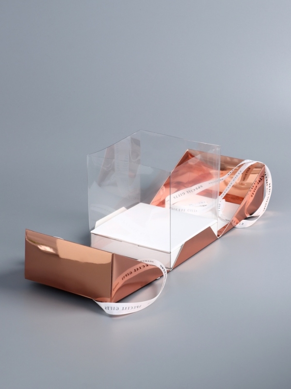 Коробка под бенто-торт с ленточками, ,розовое-золото  , 21 х 21 х 25 см