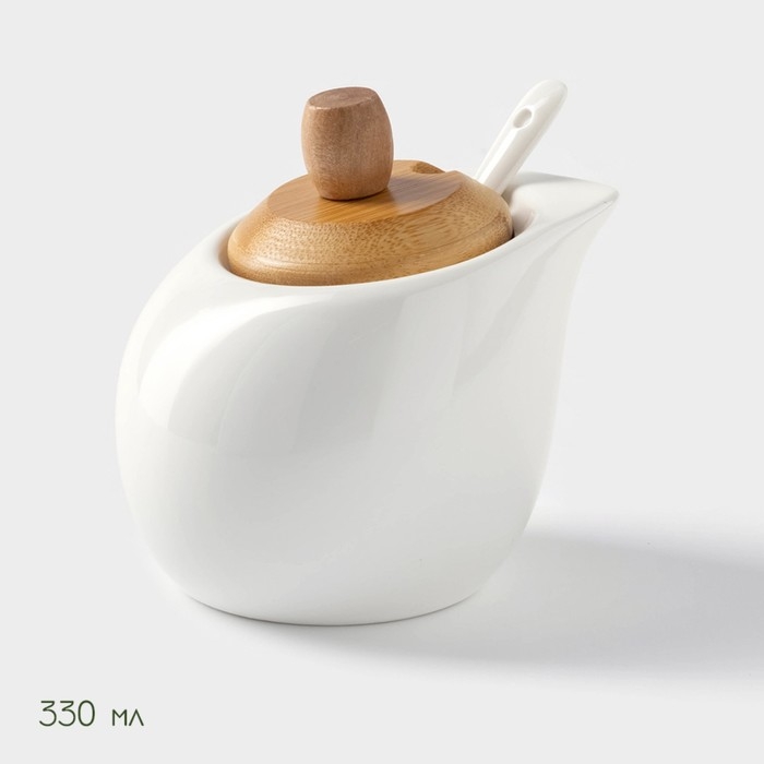 Набор фарфоровый для специй на бамбуковой подставке BellaTenero &laquo;Капельки&raquo;, 3 предмета: солонка 60 мл, перечница 60 мл, сахарница с ложкой 330 мл, цвет белый