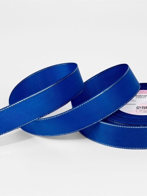 Лента репсовая 25мм*25&plusmn;1ярд(23м&plusmn;1м) серебряные нити №040 синий АУ