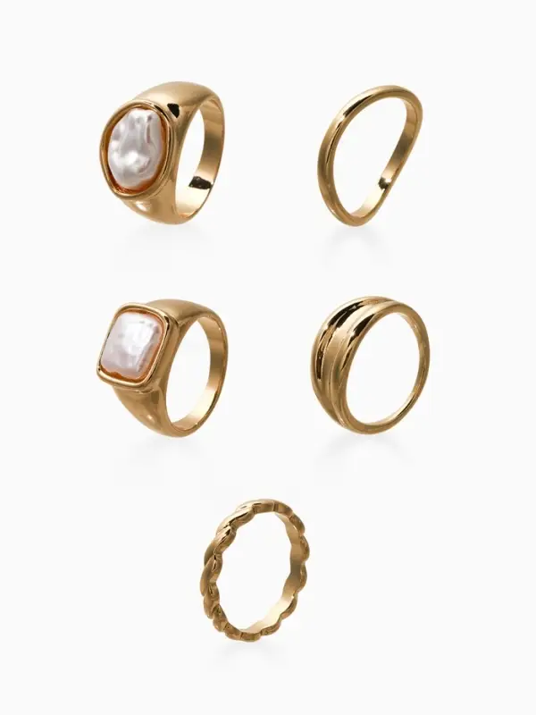 Набор колец 5 шт "Новый стиль" жемчуг, размер МИКС, цвет белый в золоте