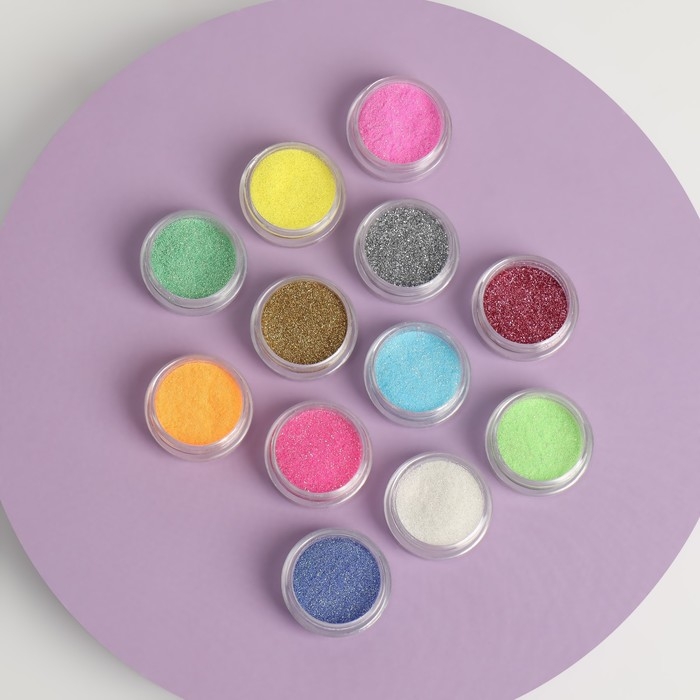 Блёстки для декора ногтей, мелкие, в пластиковом органайзере, набор 12 баночек, разноцветные Блёстки для декора ногтей, мелкие, в пластиковом органайзере, набор 12 баночек, разноцветные