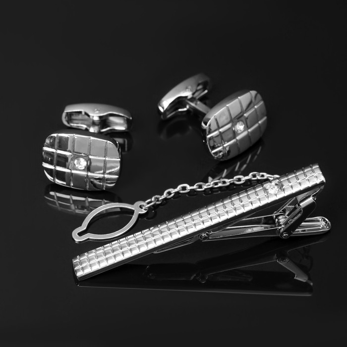 Набор мужской стальной «Запонки + Зажим для галстука» клетки, цвет белый в серебре Набор мужской стальной «Запонки + Зажим для галстука» клетки, цвет белый в серебре