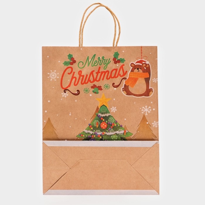 Новый год. Пакет бумажный подарочный новогодний крафт "Ёлка", 33 &times; 26 &times; 12 см.