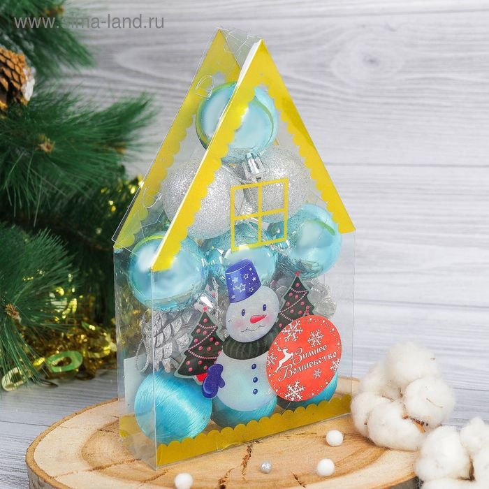 Набор украшений пластик 12 шт Набор украшений пластик 12 шт "Домик" (9 шаров,3 шишки) 4х11,5х20 см серебро, голубой