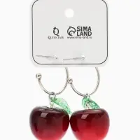 Серьги-кольца "Черешня с листочком", цвет бордовый в серебре