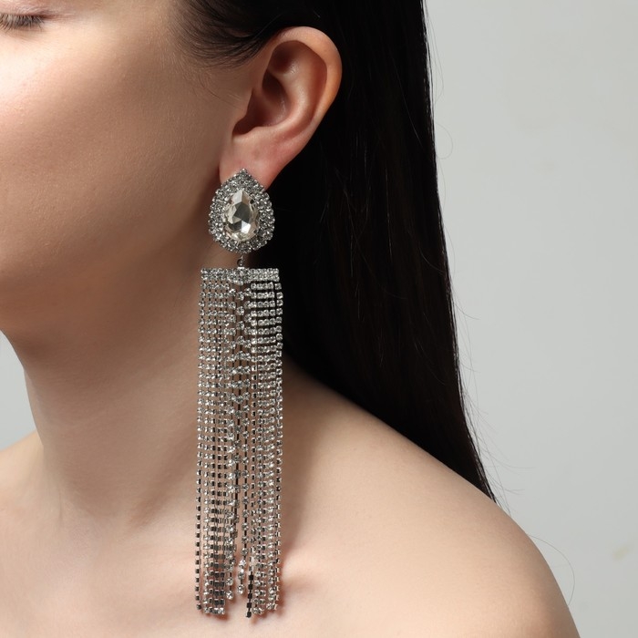 Серьги висячие со стразами «Водопад» капля крупная, цвет белый в серебре, 15,5 см Серьги висячие со стразами «Водопад» капля крупная, цвет белый в серебре, 15,5 см