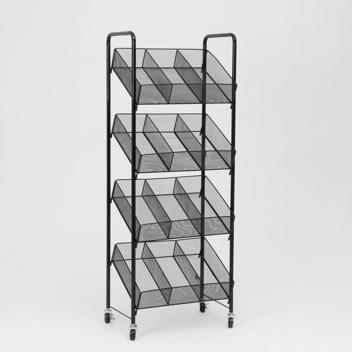 Стеллаж-накопитель разборный 4 этажа, 12 корзин, на колесах, 55&times;29&times;156 см, цвет чёрный
