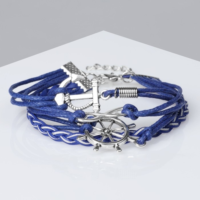 Браслет унисекс &laquo;Магия знаков&raquo; якорь и штурвал, цвет синий с серебром, 18 см