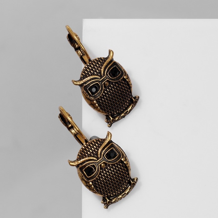Серьги &laquo;Птица&raquo; филин на ветке, цвет чёрный в чернёном золоте