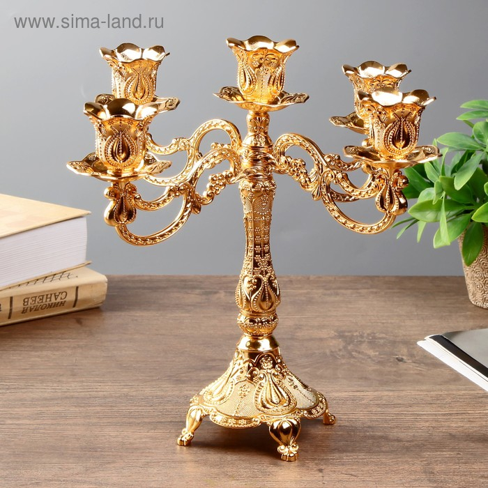 Подсвечник металл на 5 свечей Подсвечник металл на 5 свечей "Узорный" цвет золото 28х26х26 см