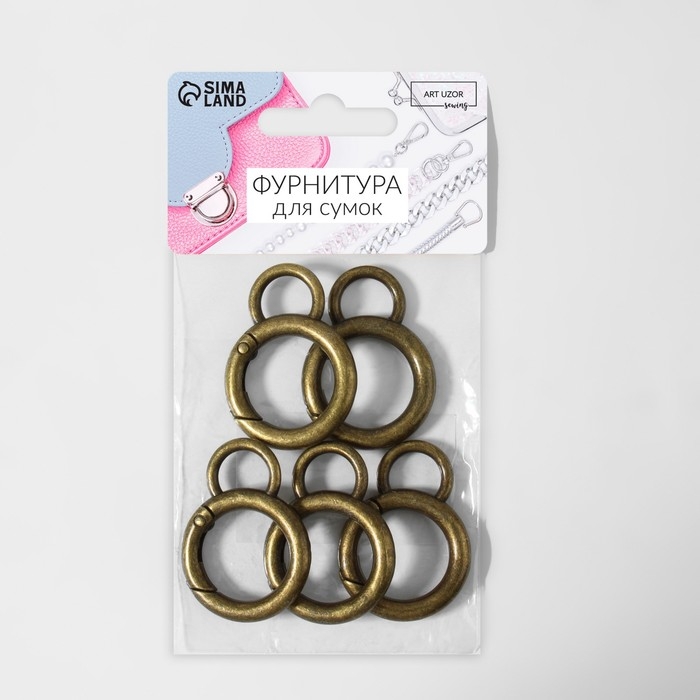 Кольцо-карабин, 37 мм, d = 27/19 мм, толщина - 4 мм, с креплением 12 × 3 мм, 5 шт, цвет бронзовый Кольцо-карабин, 37 мм, d = 27/19 мм, толщина - 4 мм, с креплением 12 × 3 мм, 5 шт, цвет бронзовый