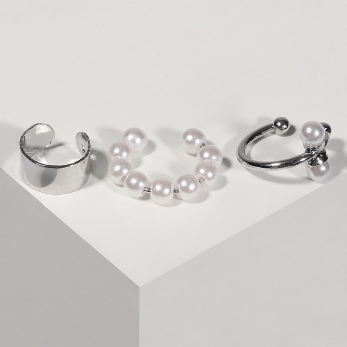 Серьга &laquo;Кафф&raquo; набор 3 шт., жемчуг, цвет белый в серебре