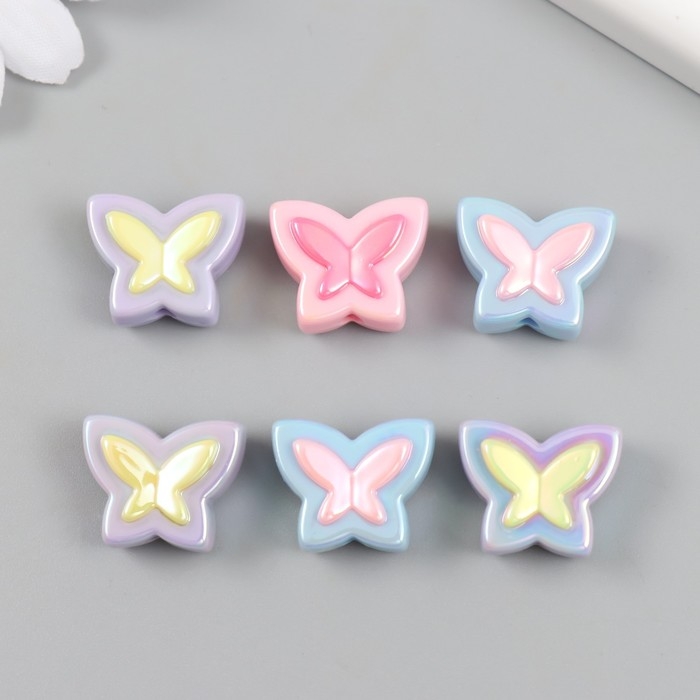 Бусина для творчества пластик набор 6 шт. "Бабочка" цветная с перламутром МИКС 2х1,6 см