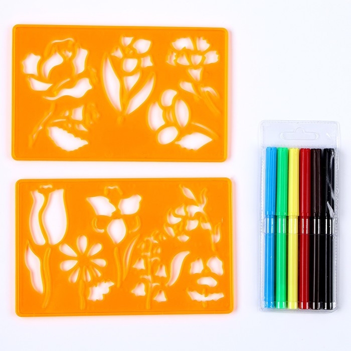 Трафареты &laquo;Цветы&raquo;, набор 2 шт., 6 шт. фломастеров